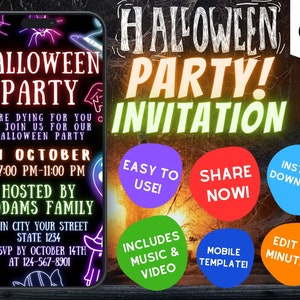 Digital Neon Halloween Party Invitation Template, Halloween Invitations, Halloween Party Mobile Invite, Editable Template, Instant Download