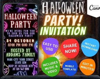 Digital Neon Halloween Party Invitation Template, Halloween Invitations, Halloween Party Mobile Invite, Editable Template, Instant Download