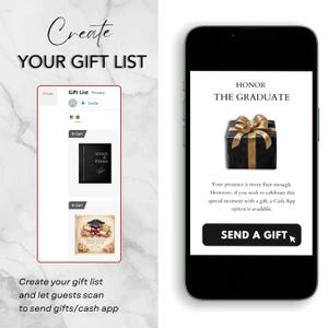 May include: A smartphone displays a gift list interface with options to invite guests and add items. The screen also shows a gift box with a gold bow and the text "SEND A GIFT". The text "Create YOUR GIFT LIST" is at the top.