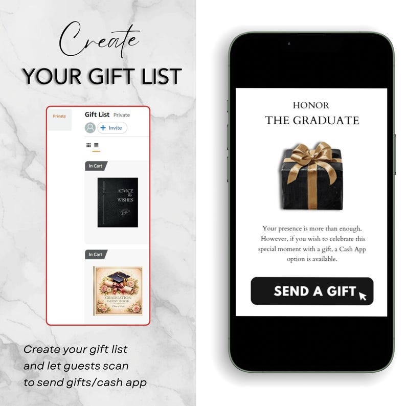 May include: A smartphone displays a gift list interface with options to invite guests and add items. The screen also shows a gift box with a gold bow and the text "SEND A GIFT". The text "Create YOUR GIFT LIST" is at the top.