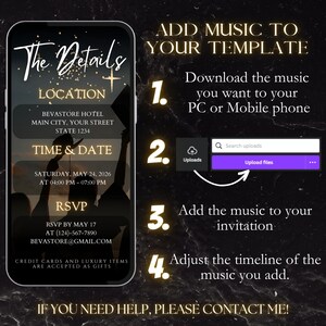 May include: A smartphone screen displays an event invitation with details like location, date, and RSVP information. Instructions on adding music to the template are also shown, with steps for uploading and adjusting the music.