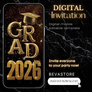 Neon Gold Glitter Photo Collage Graduation Video Invitation 2027, Digital Luxury Grad Invite, Animated Senior Grad Canva Evite image 2