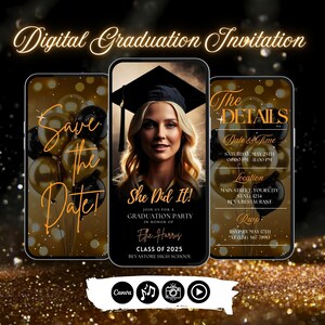 Glamoureuze zwarte en gouden afstudeeruitnodiging voor haar - klasse van 2025 bewerkbare digitale feestuitnodiging, mobiele kaart She Did It, instant download