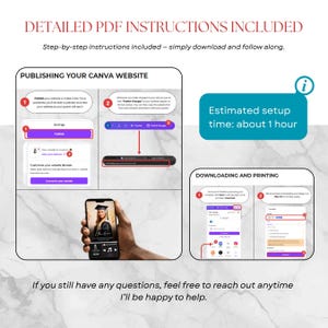 May include: A graphic with detailed PDF instructions for publishing a Canva website, including step-by-step instructions. The image shows screenshots of the process on a phone and computer, with an estimated setup time of about 1 hour.