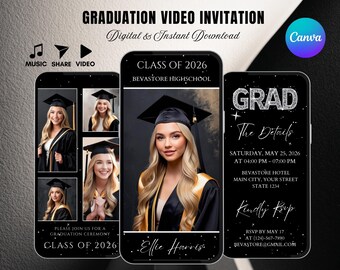 Moderne afstudeervideo invite 2026, geanimeerde uitnodiging, minimalistisch zwart-wit ontwerp, fotocollage-indeling, digitale downloadsjabloon DIY