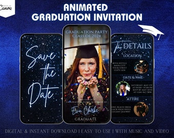 Digital Navy Graduation Party Video Invitation, Blue Graduation Ceremony Announcement, Class of 2026 Graduation Mobile Evite 2026