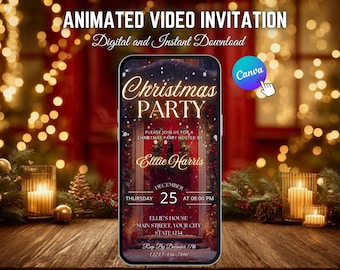 Luxury Animated Christmas Party Invitation, Red Door Holiday Video Invite, Festive Wreath Template, Glamorous Xmas Family Dinner Invitation