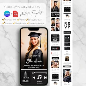 May include: A graduation website template displayed on a smartphone, featuring a graduate in a cap and gown. The design includes RSVP, countdown, and music controls. Text includes "Your Own Graduation" and "Website Template."