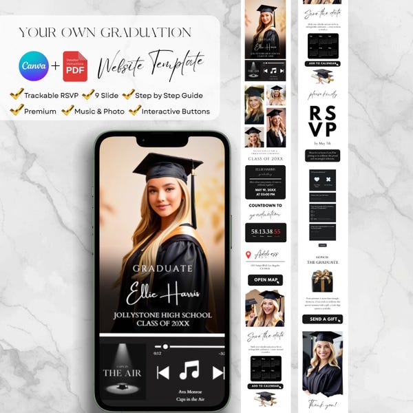 May include: A graduation website template displayed on a smartphone, featuring a graduate in a cap and gown. The design includes RSVP, countdown, and music controls. Text includes "Your Own Graduation" and "Ellie Harris."