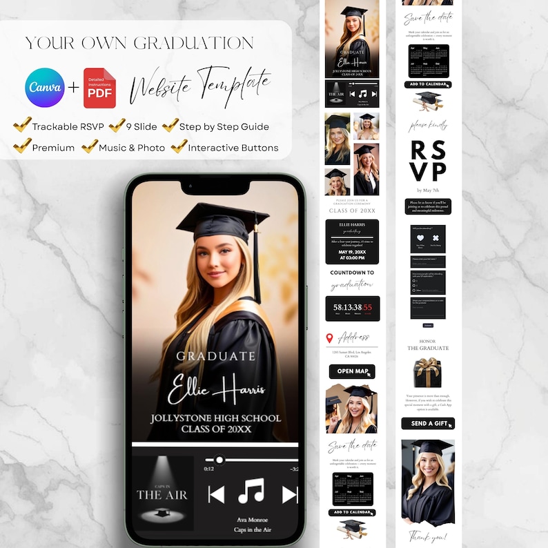 Editable graduation website template mockup displayed on a phone screen with Canva and PDF guide icons, featuring a Class of 2026 graduation party website design with music player, RSVP form, countdown timer, photo collage, map button, calendar section, gift option, and mobile-friendly interactive event layout for a modern digital graduation invitation and grad party announcement.