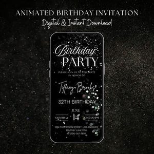 Digital Birthday Party Video Invitation Template, Mobile Black and Silver Birthday Invite, Elegant Birthday Invite, Instant Download,Any Age