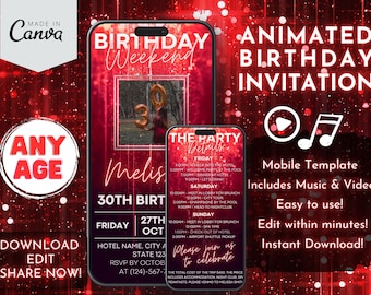 Invito per un weekend di compleanno fuori porta, programma di festeggiamenti per qualsiasi età, modello video Canva modificabile, invito di viaggio glamour rosso con musica