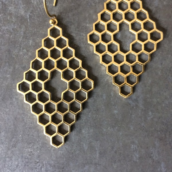 Diamond Brass Honeycomb Earrings // Contemporary Urban Honey Mod Design // Diamond Honeycomb E-206-B