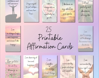 May include: Twenty-five printable affirmation cards with positive messages. The cards feature a variety of nature-inspired backgrounds, including mountains, sunsets, and fields.
