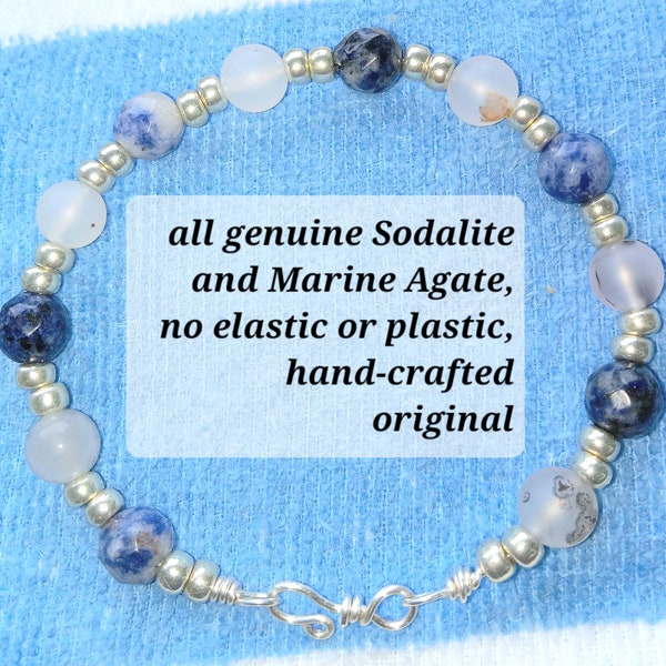 Bangle bracelet Sodalite Marine Agate Genuine crystals/gemstones. All handmade, wrapped in silver, beautiful gift for her, gift for Mom!