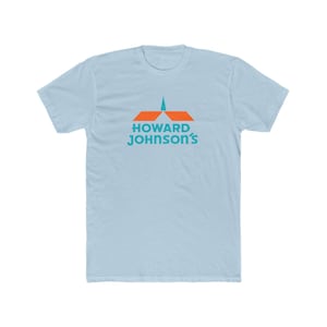 May include: Light blue t-shirt featuring the Howard Johnson's logo in orange and teal. The logo includes a stylized roof and spire design above the text. A classic and retro design.