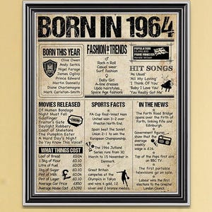 "Nel 1964, l'anno in cui sei nato", poster con cornice in stile vintage, nero e argento. Un regalo premuroso e unico, 8 x 10 cm.