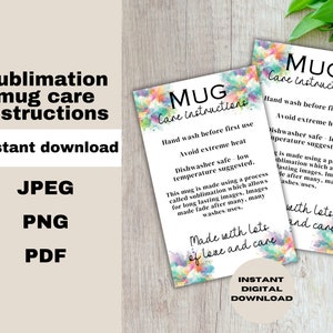 Cartão de cuidados com caneca de sublimação, instruções de cuidados para caneca de sublimação, encarte de embalagem, suprimentos comerciais, download digital, pronto para imprimir