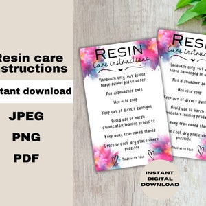Cartão de cuidados com resina, Instruções de cuidados para resina, Cartões de cuidados coloridos, Suprimentos para pequenas empresas, Encarte de embalagem, Pronto para imprimir Instant Down