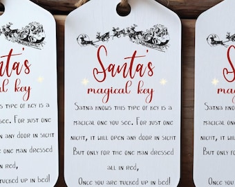May include: Three white rectangular gift tags with rounded corners and jute twine loops. Each tag features a black illustration of Santa's sleigh, red text reading Santa's magical key, and a poem about Santa. A circular badge says INSTANT DIGITAL DOWNLOAD.