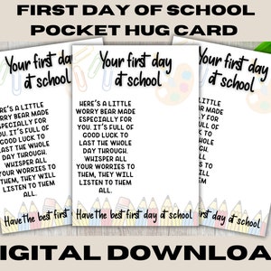 Erster Tag in der Schule Backing Card, Pocket Hug Template, Worry Bear PNG-Datei, Print und Cut Download, kommerzielle Nutzung, kleine Geschäftsausstattung