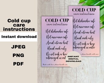 Tarjeta de cuidado de vasos fríos, instrucciones de cuidado de vasos, descarga digital de la tarjeta de cuidado, tarjeta de cuidado imprimible, cuidado de vasos fríos, prospecto de empaque, PDF instantáneo