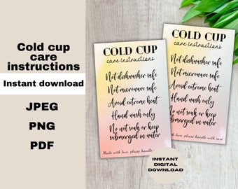 Instrucciones de cuidado de vasos fríos, descarga digital, suministros para pequeñas empresas, tarjeta de vinilo para el cuidado de vasos, instrucciones de cuidado imprimibles, impresión en casa, PDF