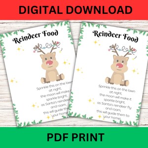 以下が含まれることがあります： 「Reindeer Food」の文字と漫画のトナカイのイラストが描かれた、印刷可能なカードが2枚。カードには緑色の縁取りがあり、「夜に芝生にこれを振りかける...」と「デジタルダウンロード」と「PDFプリント」と書かれています。