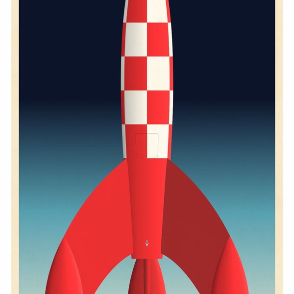 Vintage Tintin Moon Rocket X-FLR 7 Limited Edition ondertekend genummerd ruimteschip print door Geoffrey Mandel