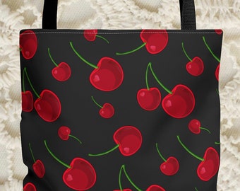 Red Cherries Tote Bag, black tote bag