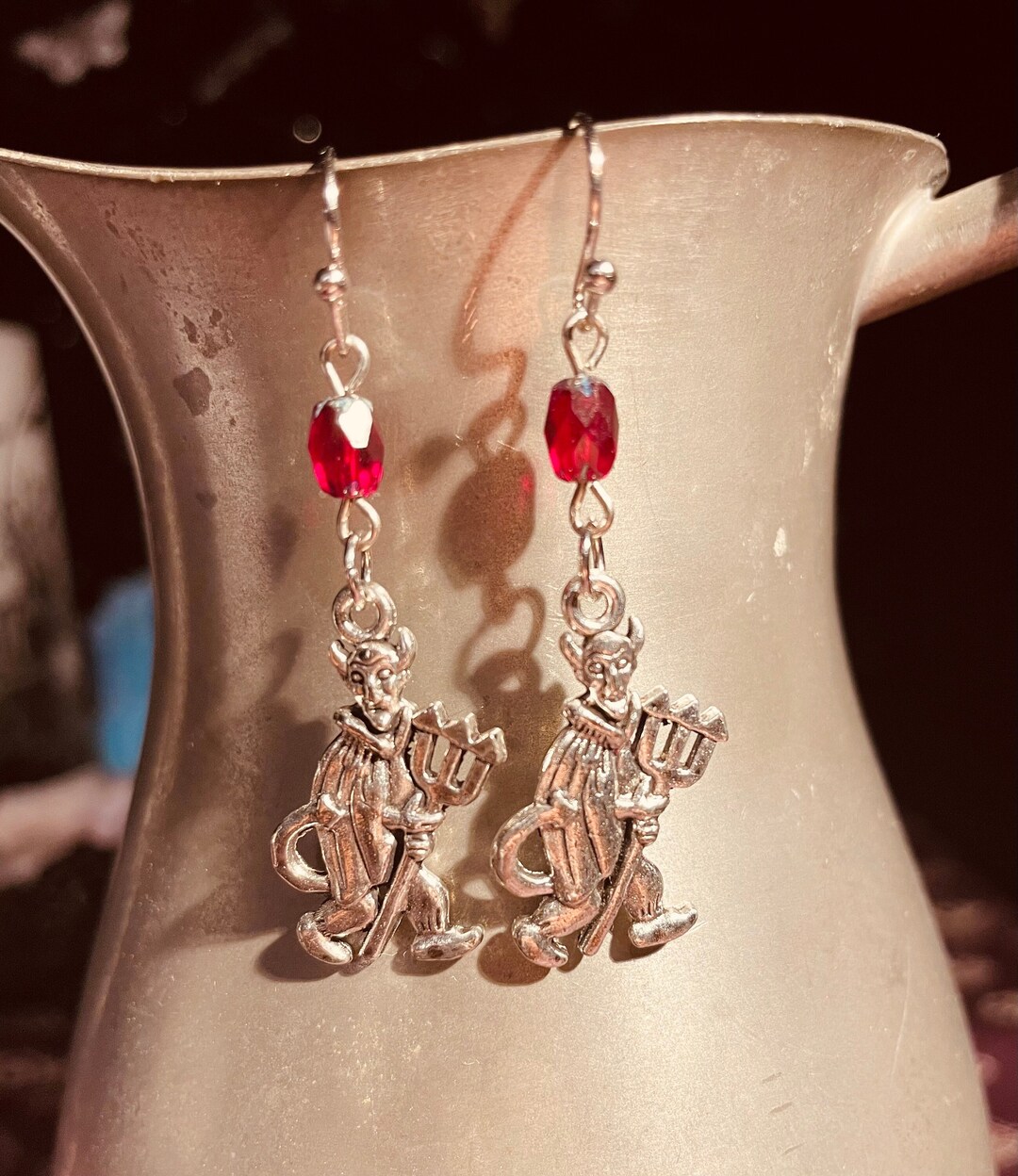 Devil Earrings With Vintage Red Glass Bead, Cheeky Devil With Pitchfork