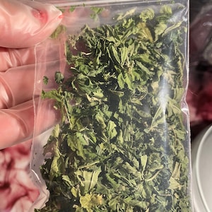 May include: A clear plastic bag filled with dried green leafy herbs.