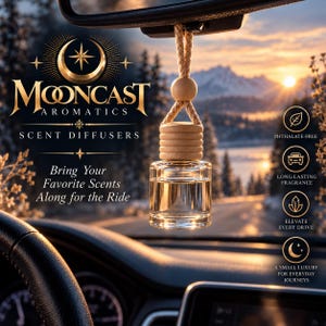 May include: A clear glass car scent diffuser bottle with a light wood cap and a braided hanging cord. The text reads Mooncast Aromatics Scent Diffusers, Bring Your Favorite Scents Along for the Ride, Phthalate-Free, Long-Lasting Fragrance, Elevate Every Drive, and A Small Luxury for Everyday Journeys.