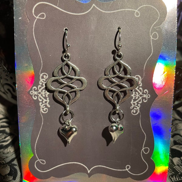 Elegant scroll earrings with puffy heart, silver tones, lightweight
