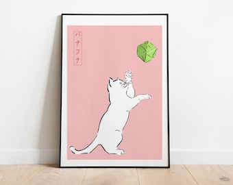 Gato brincalhão com balão de origami em estilo japonês Arte para IMPRIMIR