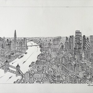May include: Black and white pen and ink drawing of London's skyline, featuring the Tower Bridge, the Shard, and other iconic buildings along the Thames River. The artwork is signed "London" in the lower right corner.