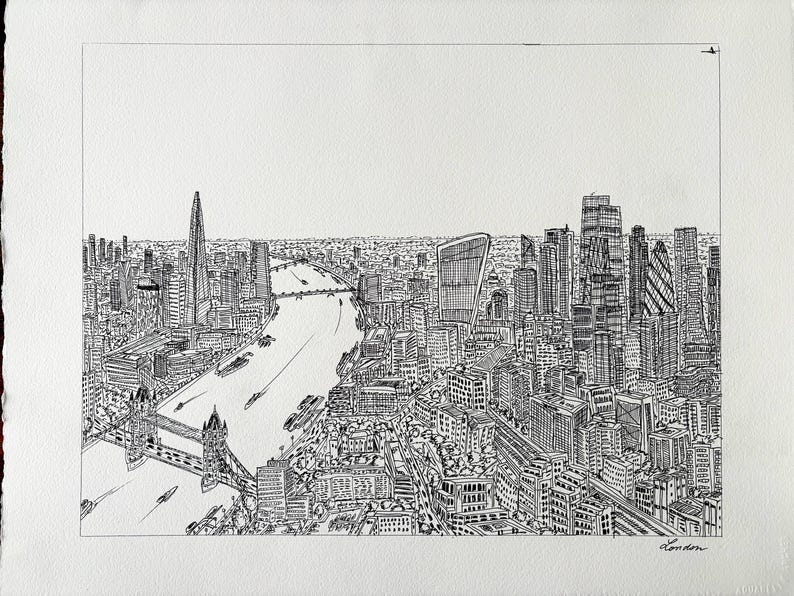 May include: Black and white pen and ink drawing of London's skyline, featuring the Tower Bridge, the Shard, and other iconic buildings along the Thames River. The artwork is signed "London" in the lower right corner.