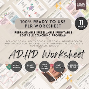 ADHD Worksheet, PLR Life Coaching Program, Mental Health Care, ADHD therapist, Psychologist, Therapist Workbook, Wellness Guide, Editable