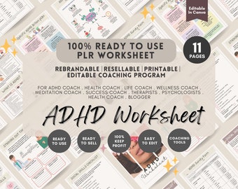 ADHD Worksheet, PLR Life Coaching Program, Mental Health Care, ADHD therapist, Psychologist, Therapist Workbook, Wellness Guide, Editable
