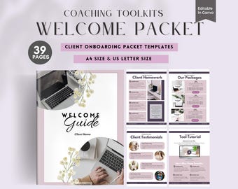 Puede incluir: Una guía de bienvenida rosa y blanca para clientes con un portátil y un diseño floral. La guía incluye secciones para tareas de los clientes, nuestros paquetes, testimonios de clientes y un tutorial de herramientas. La guía tiene 39 páginas y está disponible en tamaño A4 y carta de EE. UU.