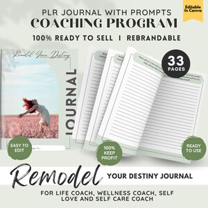 Może przedstawiać: Zielony i biały dziennik z tekstem "Remodel Your Destiny Journal" i "33 Pages". Dziennik jest otwarty, aby pokazać linie do pisania. Okładka przedstawia kobietę z czerwonymi włosami skaczącą na polu kwiatów. Na dzienniku widnieje tekst "Easy to Edit", "100% Keep Profit" i "Ready to Use".