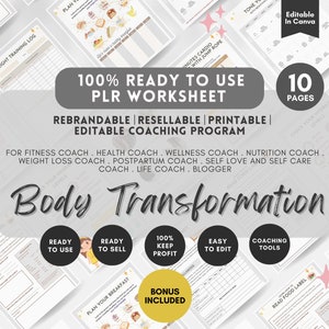 Body Transformation Worksheet, PLR Life Coaching Program, Weight Loss Guide, Fitness Guide, Editable & Printable Templates, Health Worksheet