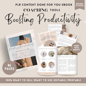 May include: A digital ebook cover with a beige background and a title that reads "Boosting Productivity: The Path to Success". The cover features a woman with long brown hair wearing a white dress and a gold necklace. The ebook is 86 pages long and is ready to sell, use, edit, and print.