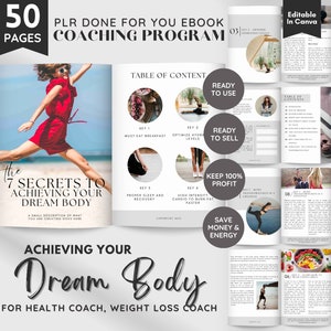Puede incluir: Un programa de coaching en ebook de 50 páginas titulado "Los 7 secretos para lograr tu cuerpo ideal" para entrenadores de salud y pérdida de peso. La portada del ebook presenta a una mujer con un vestido rojo saltando en el aire con un fondo de playa. La tabla de contenido incluye pasos clave como "Debes desayunar", "Optimizar los niveles de hidratación", "Dormir bien y recuperarse" y "Cardio de alta intensidad para quemar grasa más rápido".