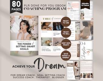 May include: An ebook cover for a coaching program with the title "The Power of Setting Smart Goals" and the tagline "Achieve Your Dream". The cover features a woman with her finger to her lips, a table of contents, and a chapter titled "Planning Your Course of Action".