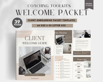 May include: A 39-page client onboarding packet template in A4 and US letter size. The cover features a laptop computer, a decorative vase, and a candle on a white desk. The text "CLIENT WELCOME GUIDE" is displayed in a brown font on a beige background.