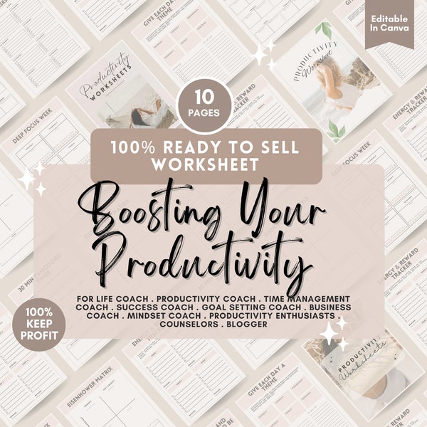 Productivity Workbook | PLR Worksheet | Editable Woksheet | PLR Guide Coaching Tools | Boosting Your Productivity | For Productivity Coach