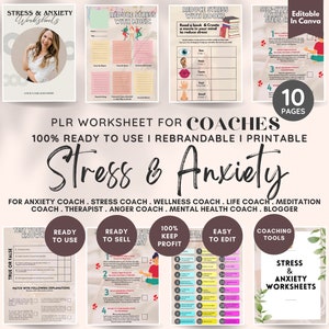 May include: A digital product for coaches, featuring 10 printable worksheets to help clients manage stress and anxiety. The worksheets are ready to use and can be rebranded. The product is designed for anxiety coaches, stress coaches, wellness coaches, life coaches, meditation coaches, therapists, anger coaches, mental health coaches, and bloggers.