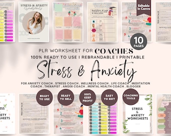 Stress and Anxiety Worksheets, PLR Life Coaching Program, Coaching Toolkits, Therapists ecourse, Wellness & Self Love Workbook