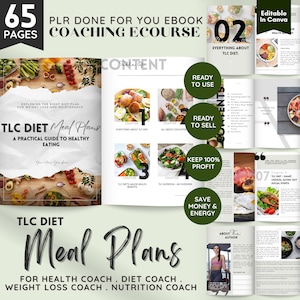 Op de afbeelding: Een digitale productmockup voor een e-book en coachingcursus van 65 pagina's met de titel "TLC Diet Meal Plans: Een praktische gids voor gezond eten". De e-bookcover heeft een groene achtergrond met een gescheurd papieren effect en toont een verscheidenheid aan gezonde voedingsmiddelen. De tekst "PLR Done For You Ebook Coaching Ecourse" wordt vetgedrukt weergegeven, samen met het nummer "02" en de zin "Everything About TLC Diet". Het e-book wordt beschreven als "Ready to Use" en "Ready to Sell".